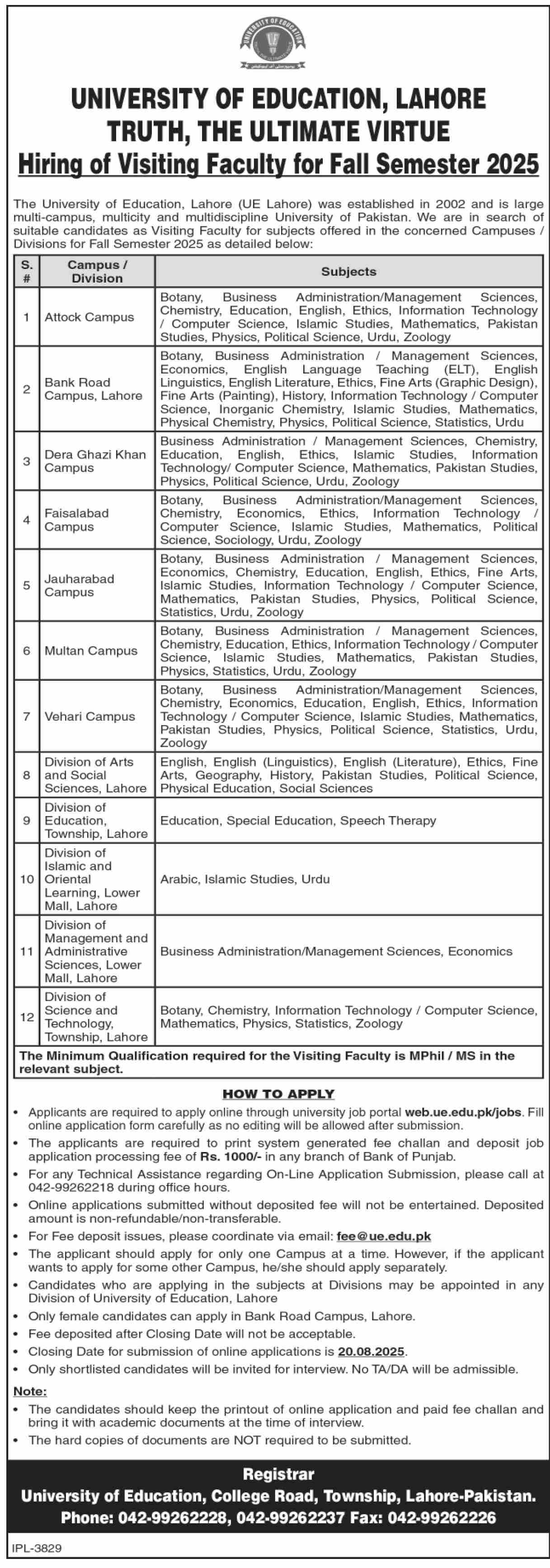 Jobs in University of Education Lahore